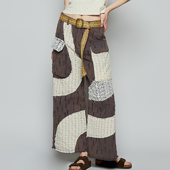 New Pol Boho Jeans Pants Patchwork Brown Distressed Wavy Detail Mesh 100% Cotton - Picture 9 of 10